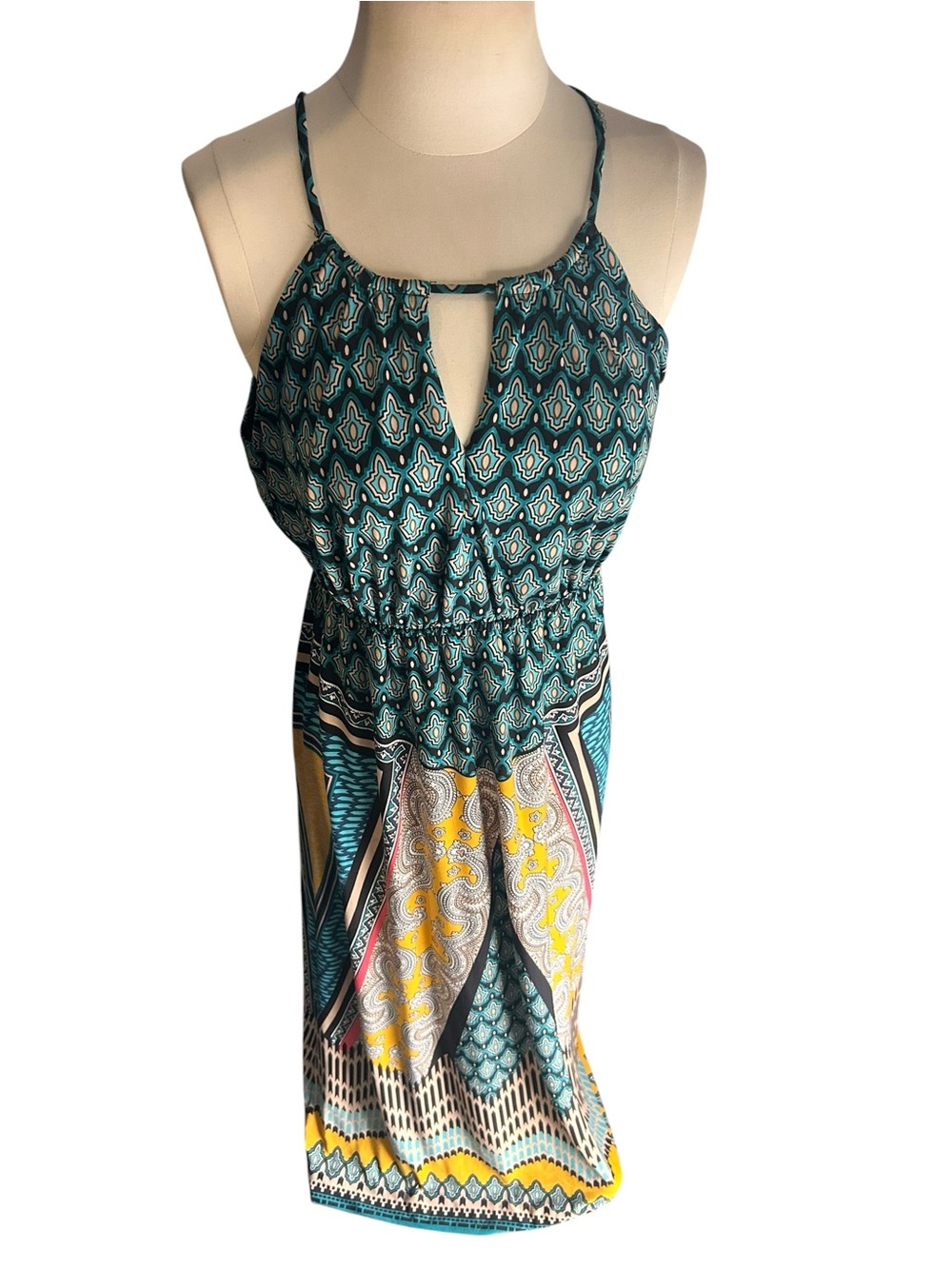 Maggy London Teal Multi-Print Keyhole Midi Dress